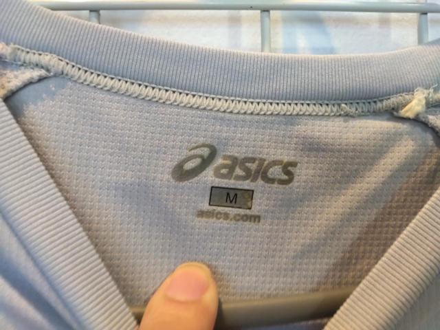 サイズ:M asics 半袖 シャツ グレーネイビー